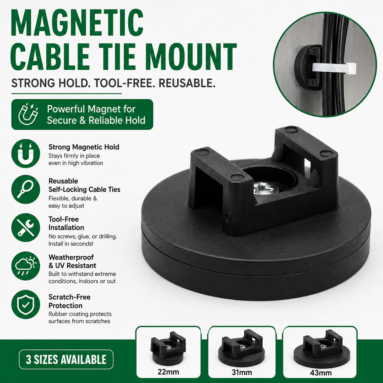 🧲 Magnetic Cable Tie Mounts - No-Drill,Cable Organizer for Desk, Garage & RV