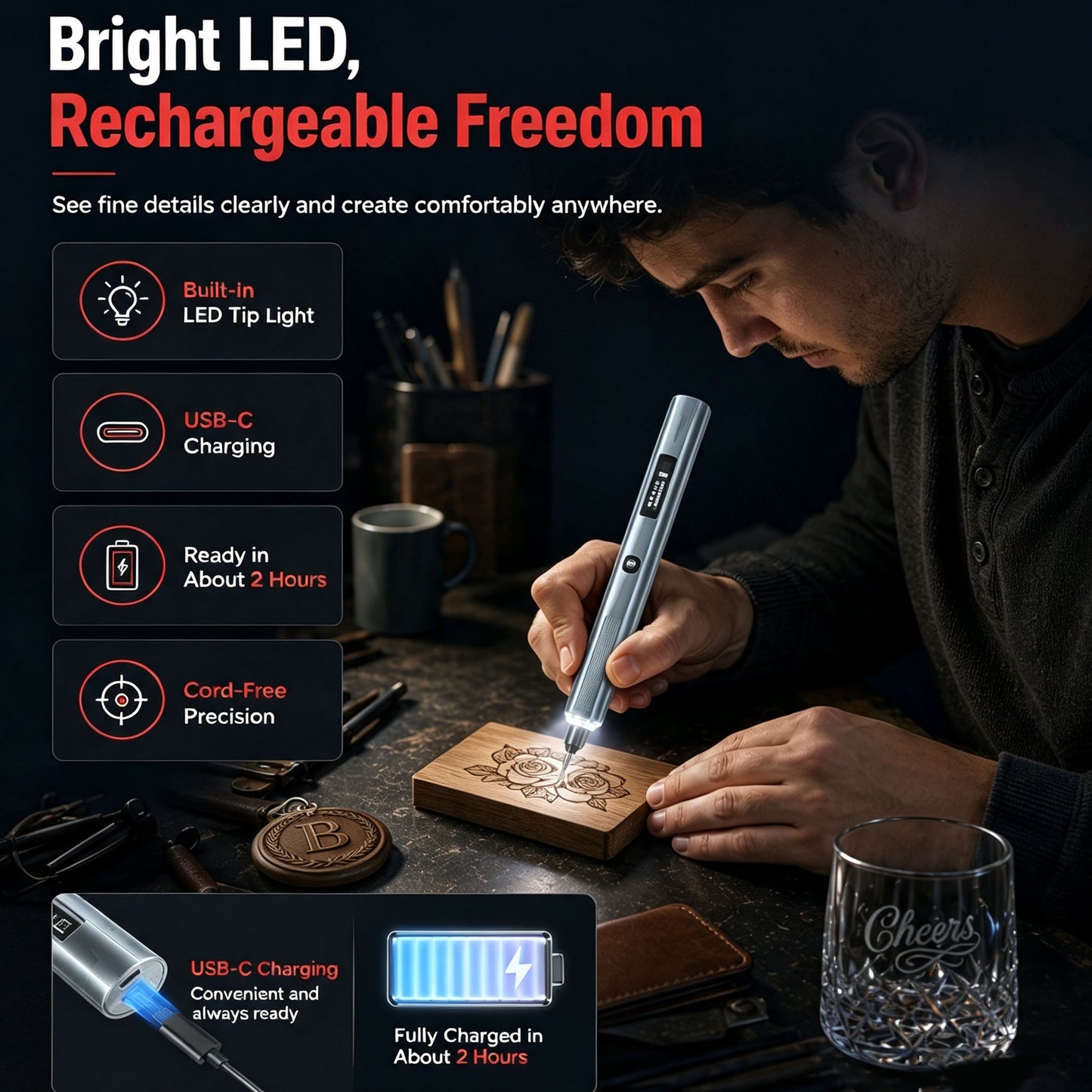 ⚡Engraving Pen with LED Lights, 5 Variable Speed