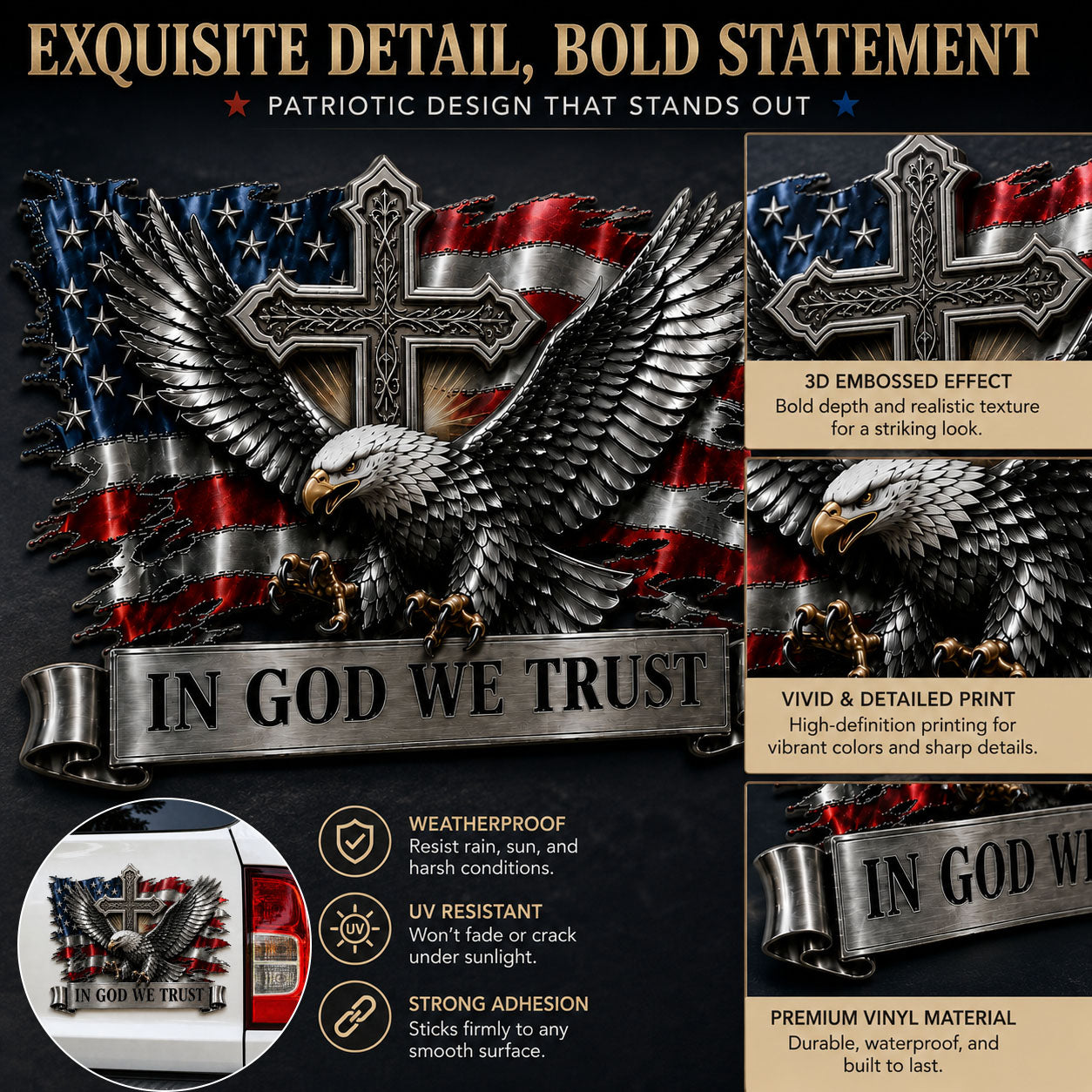🦅 In God We Trust Bald Eagle American Flag 3D Metal Car Emblem Badge