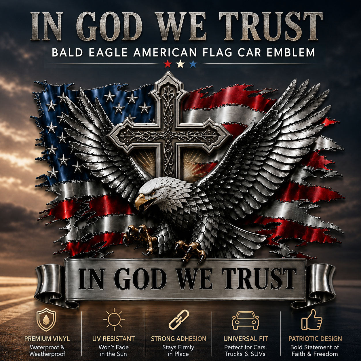 🦅 In God We Trust Bald Eagle American Flag 3D Metal Car Emblem Badge